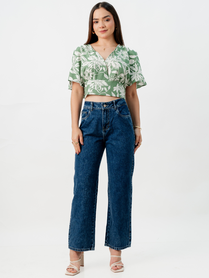 BLUSA CORTA CON MANGAS CON VUELO ROSIE VERDE/PERLA