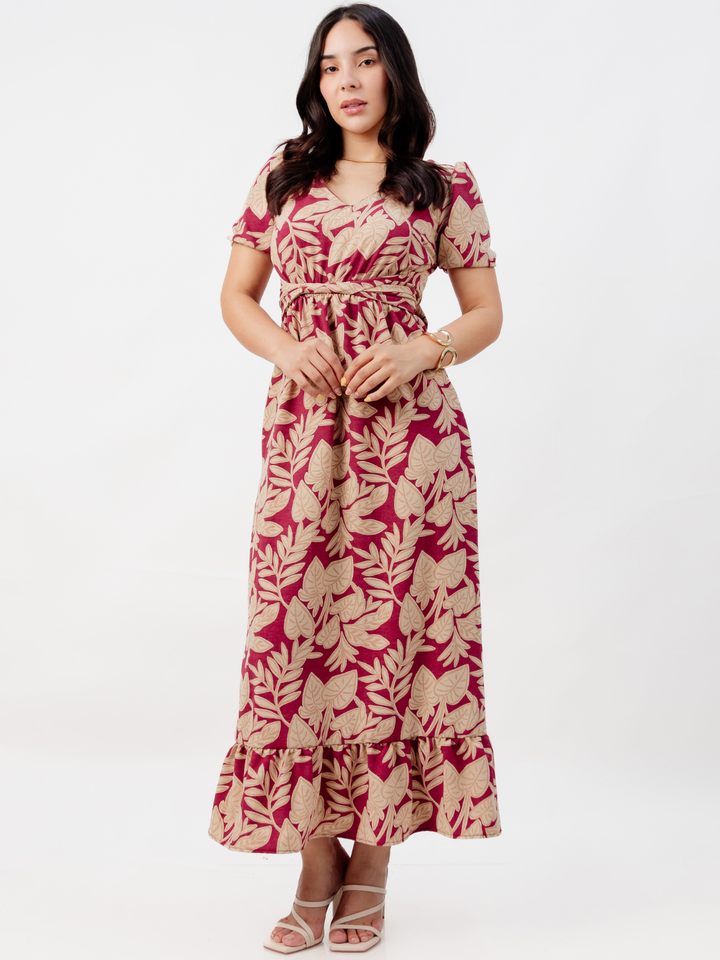 VESTIDO CASUAL LARGO REBECA VINO FLOREADO