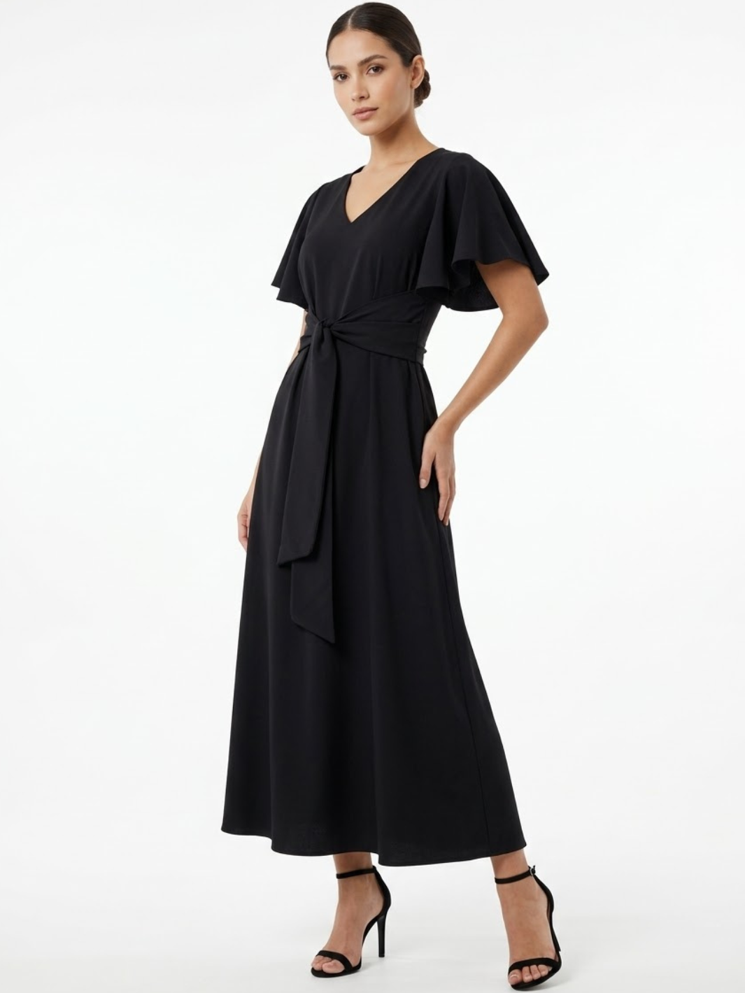 VESTIDO CASUAL CON FALDA EN CORTE A Y LAZO DAFNE NEGRO