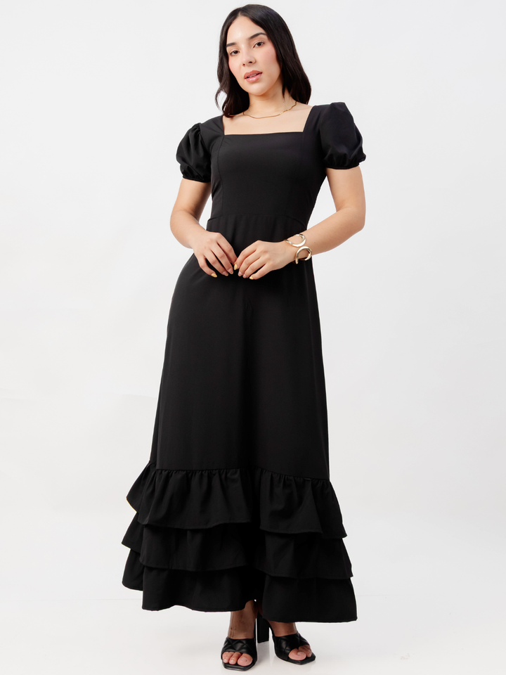 VESTIDO CASUAL CON BOBOS EN LA FALDA RUBI NEGRO