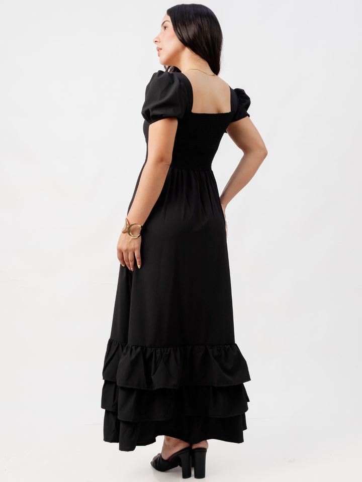 VESTIDO CASUAL CON BOBOS EN LA FALDA RUBI NEGRO