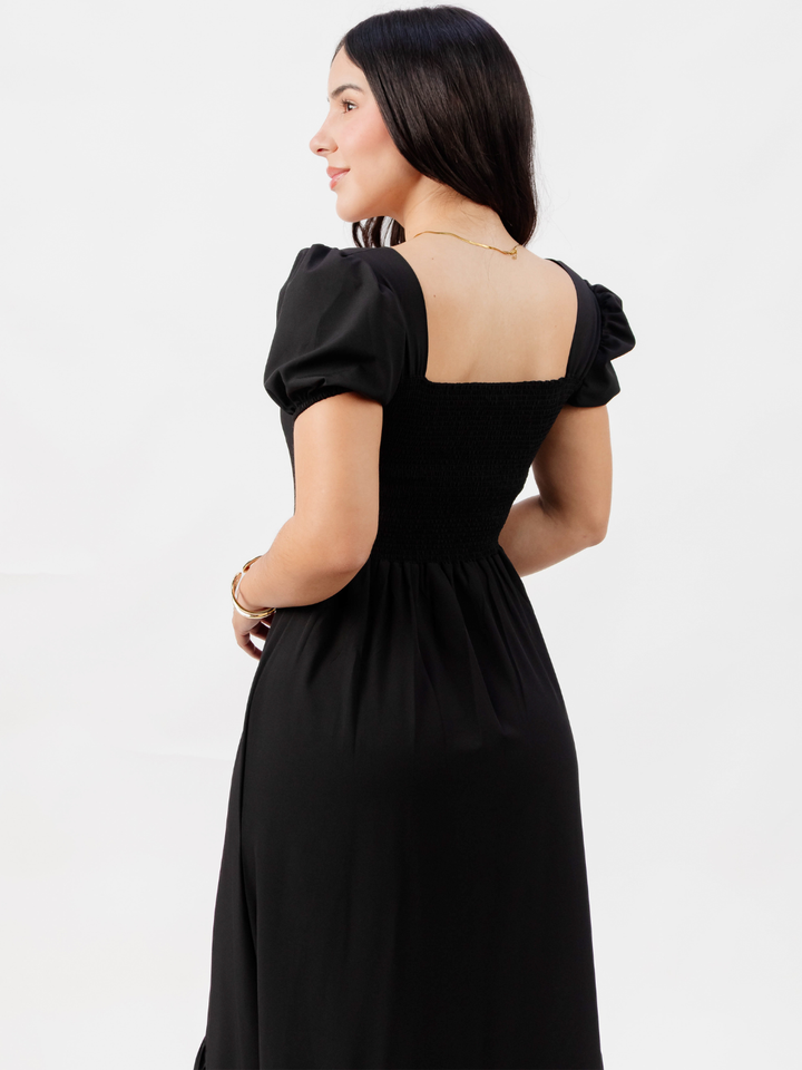 VESTIDO CASUAL CON BOBOS EN LA FALDA RUBI NEGRO