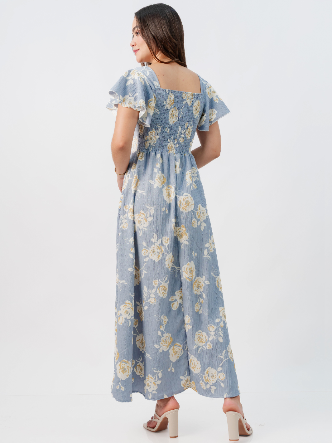 VESTIDO LARGO CORTE A BRENDA CELESTE FLOREADO