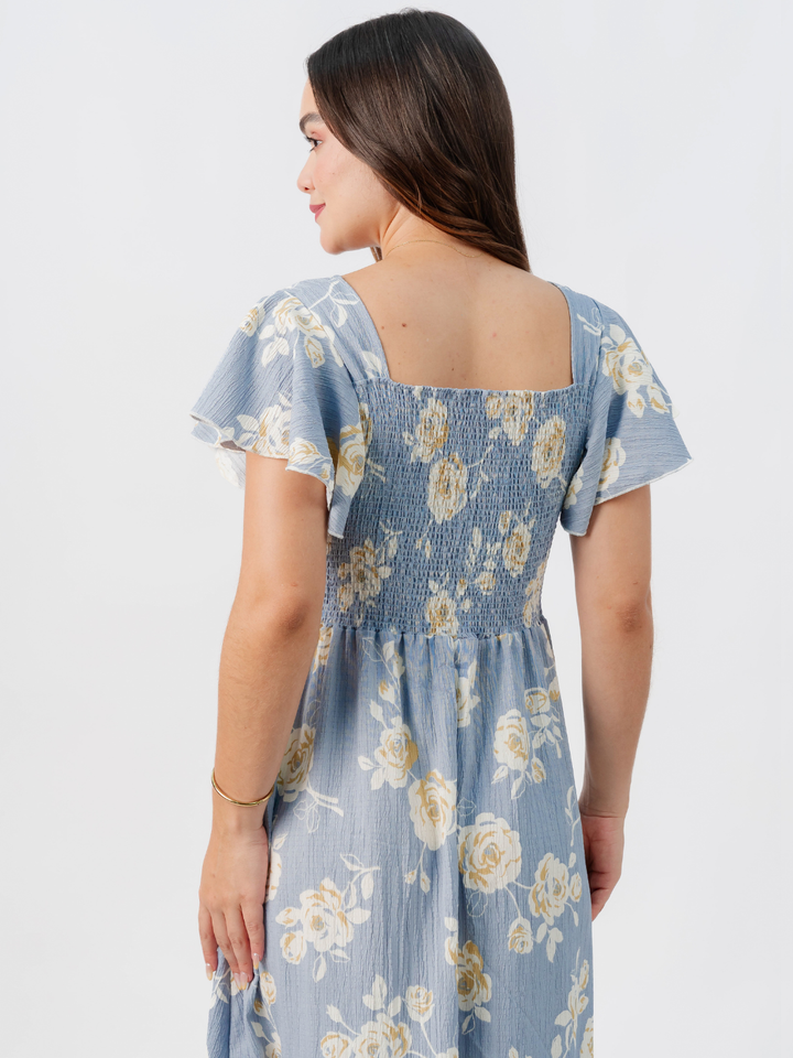 VESTIDO LARGO CORTE A BRENDA CELESTE FLOREADO