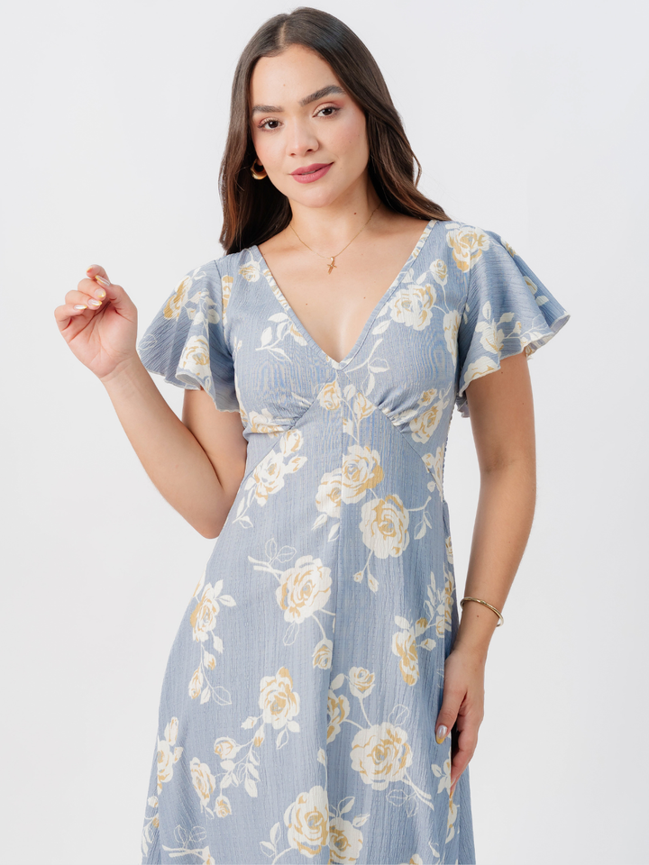 VESTIDO LARGO CORTE A BRENDA CELESTE FLOREADO
