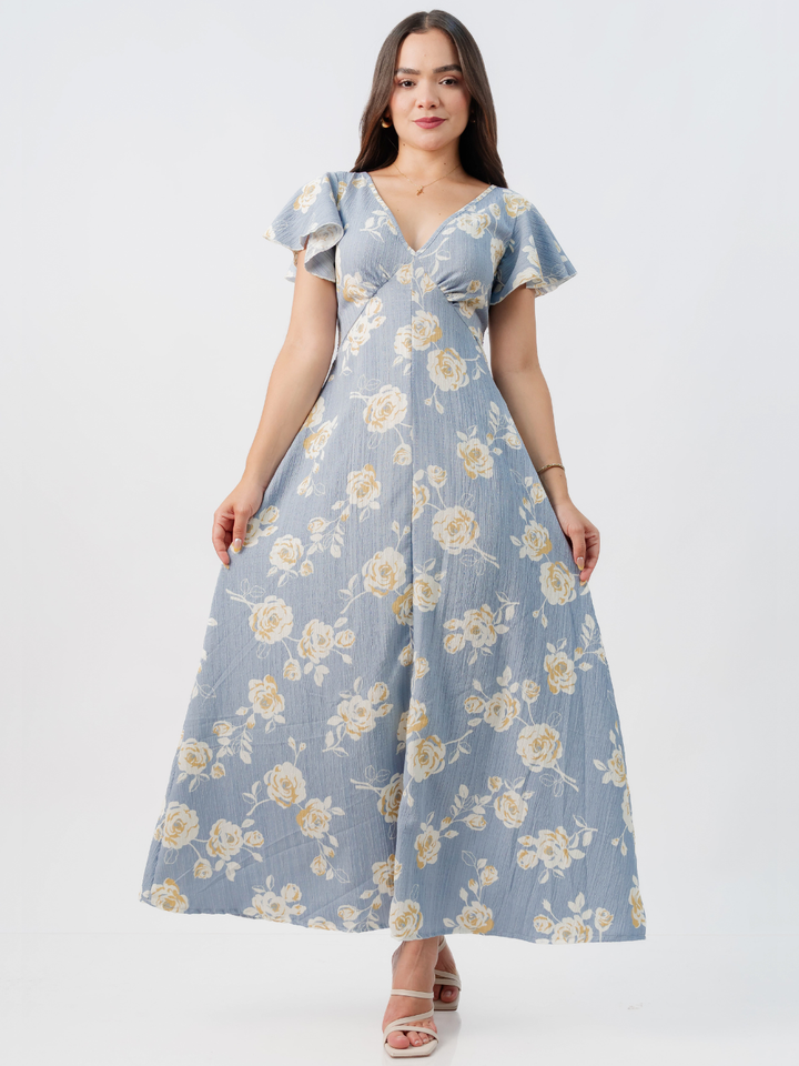 VESTIDO LARGO CORTE A BRENDA CELESTE FLOREADO