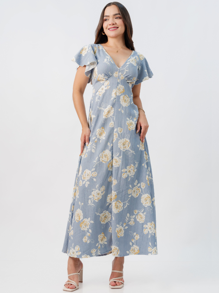 VESTIDO LARGO CORTE A BRENDA CELESTE FLOREADO
