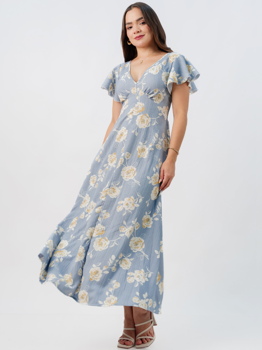 VESTIDO LARGO CORTE A BRENDA CELESTE FLOREADO