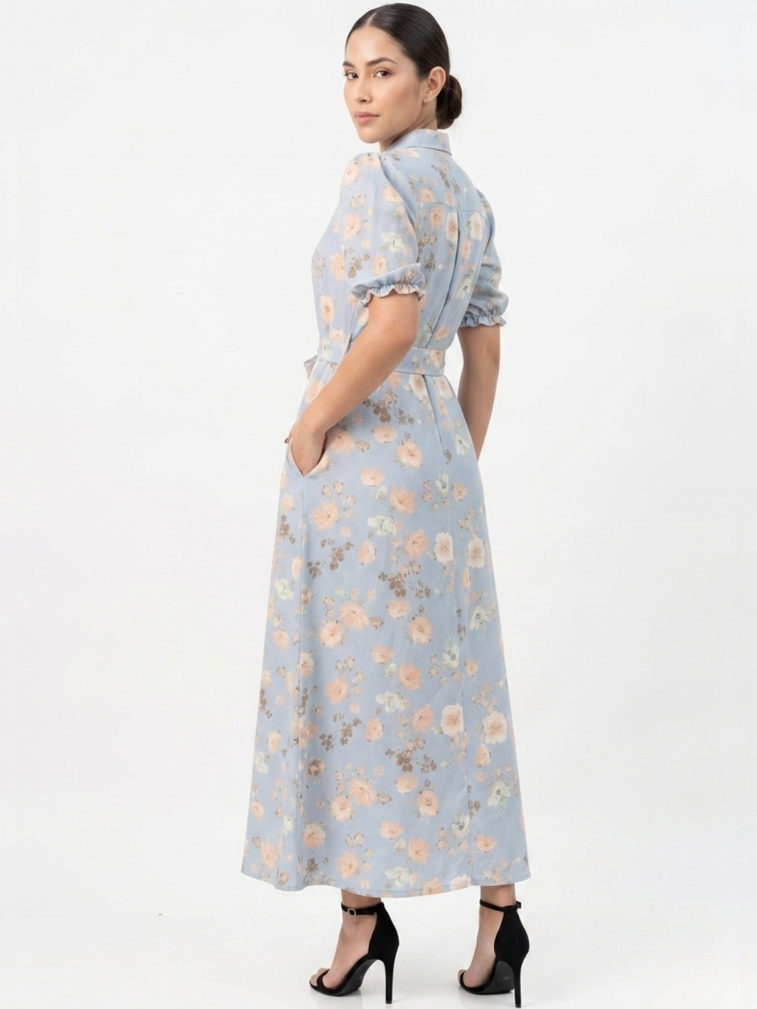 VESTIDO CAMISERO CON CINTURON ASIA CIELO FLOREADO