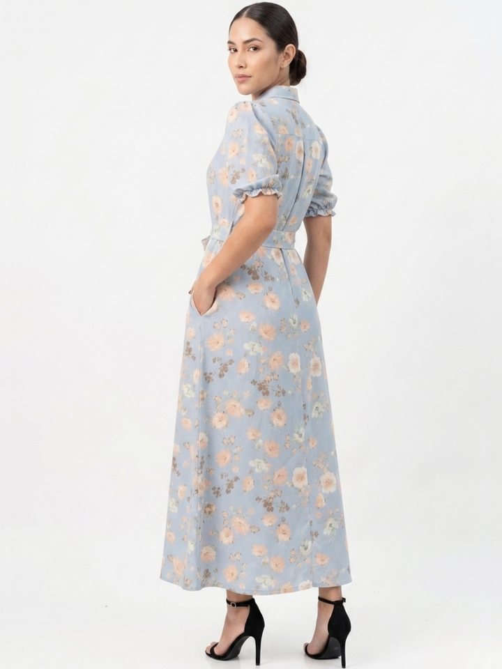 VESTIDO CAMISERO CON CINTURON ASIA CIELO FLOREADO