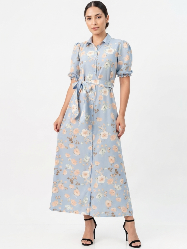 VESTIDO CAMISERO CON CINTURON ASIA CIELO FLOREADO
