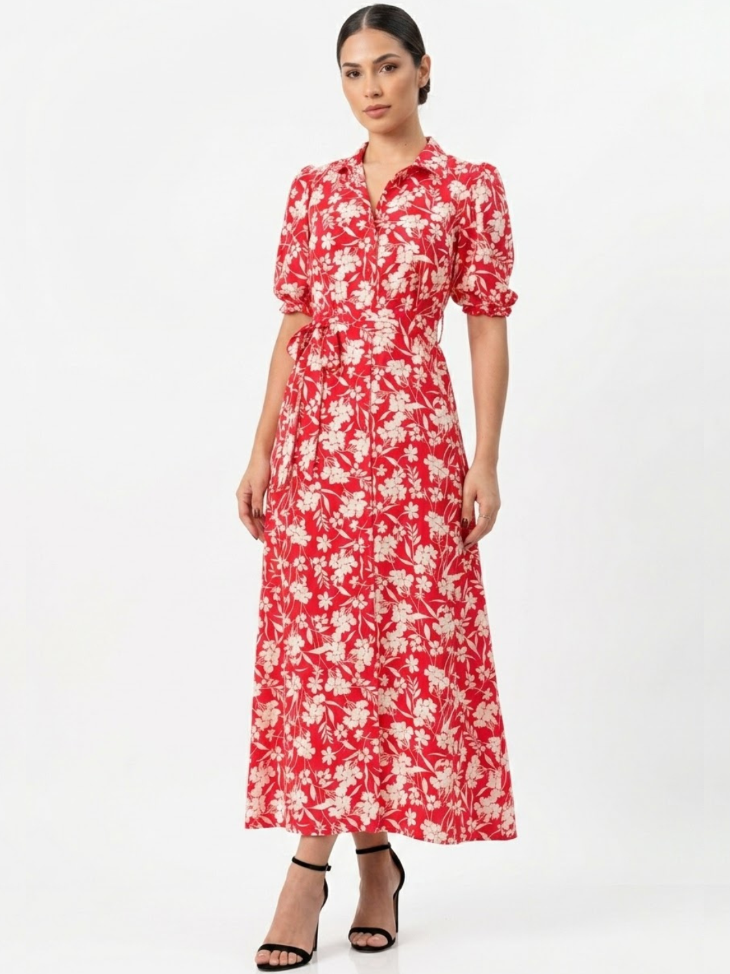 VESTIDO CAMISERO CON CINTURON ASIA ROJO FLOREADO