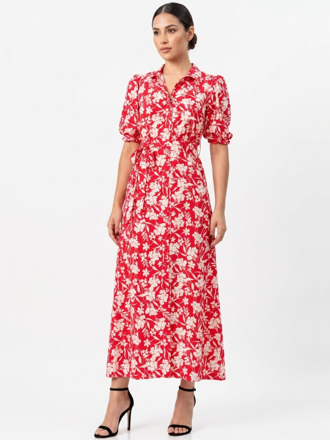 VESTIDO CAMISERO CON CINTURON ASIA ROJO FLOREADO