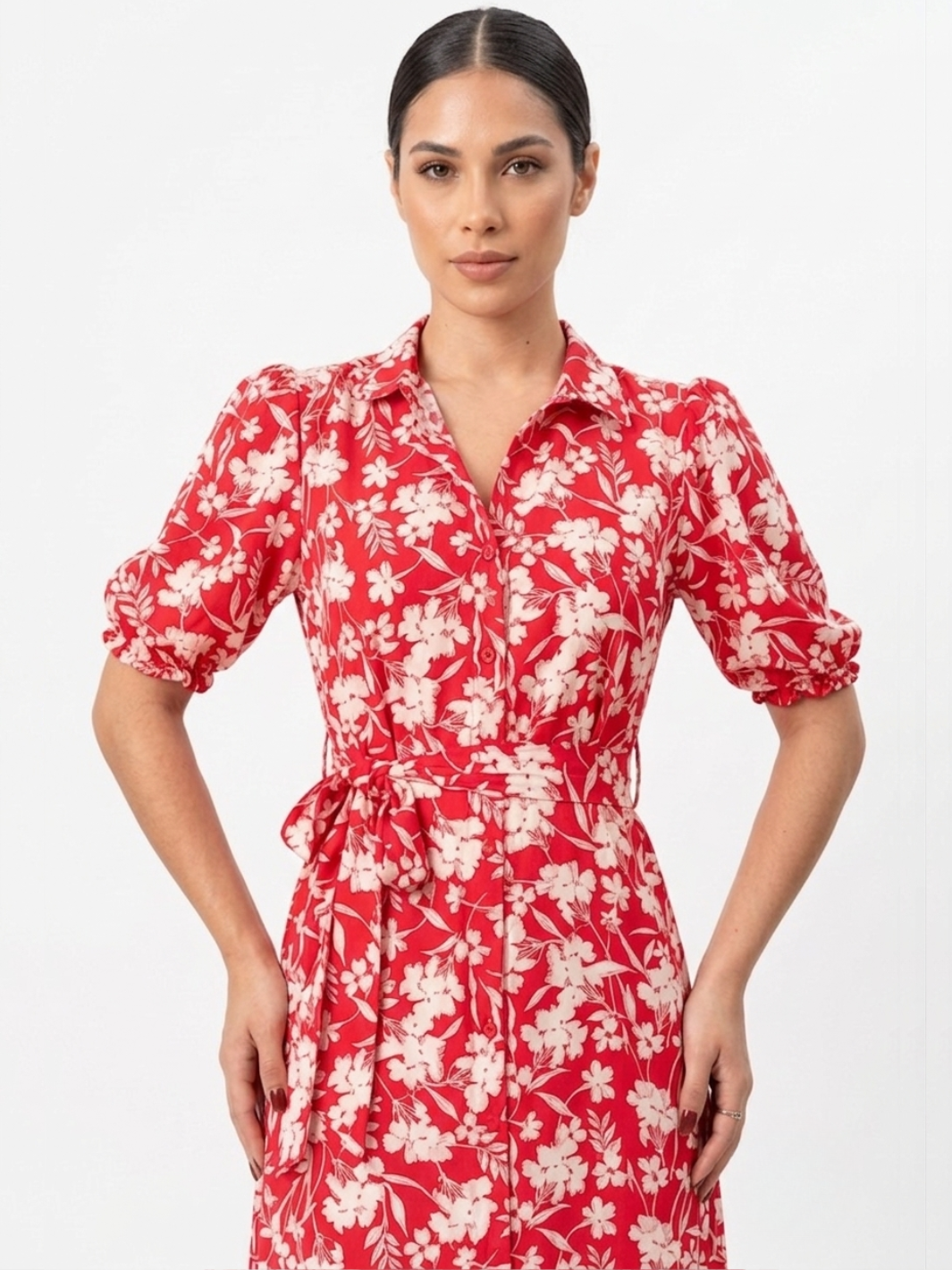 VESTIDO CAMISERO CON CINTURON ASIA ROJO FLOREADO