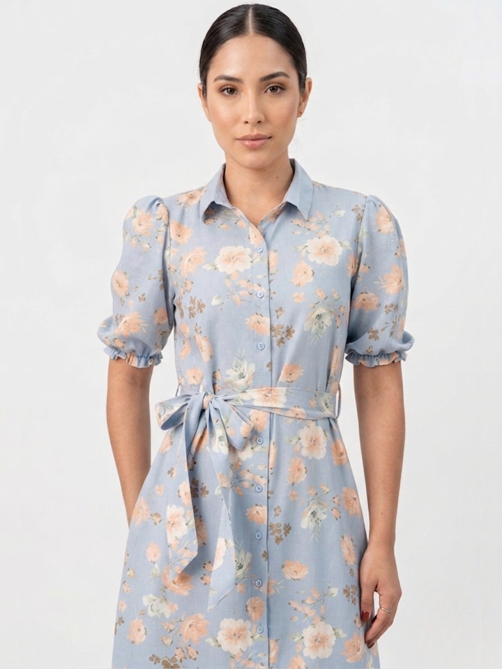 VESTIDO CAMISERO CON CINTURON ASIA CIELO FLOREADO