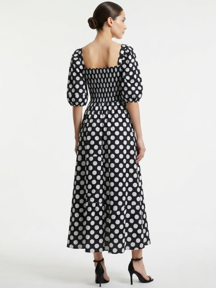 VESTIDO LARGO CON ESCOTE CORAZON FIORELLA NEGRO POLKA DOTS