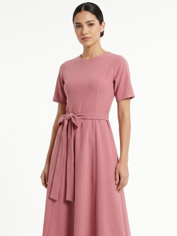 VESTIDO CASUAL MANGA CORTA CON LAZO MIREYA ROSA