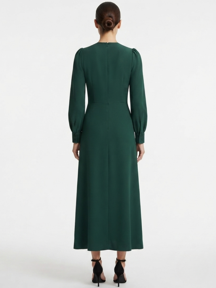 VESTIDO MANGA LARGA CON CUELLO CRUZADO Y CORTE A BARBARA VERDE