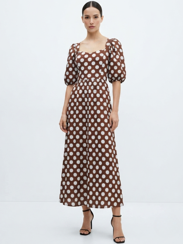 VESTIDO LARGO CON ESCOTE CORAZON FIORELLA CHOCOLATE POLKA DOTS
