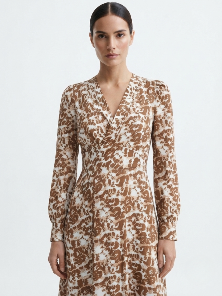 VESTIDO MANGA LARGA CON CUELLO CRUZADO Y CORTE A BARBARA ANIMAL PRINT