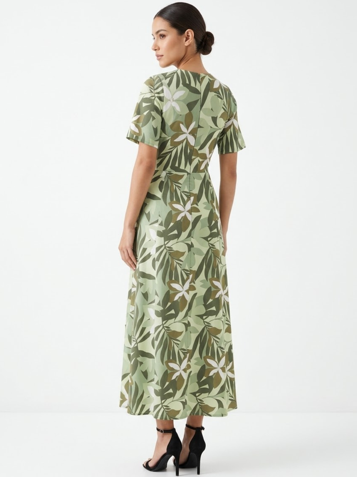 VESTIDO CASUAL MANGA CORTA CON LAZO MIREYA VERDE FLOREADO