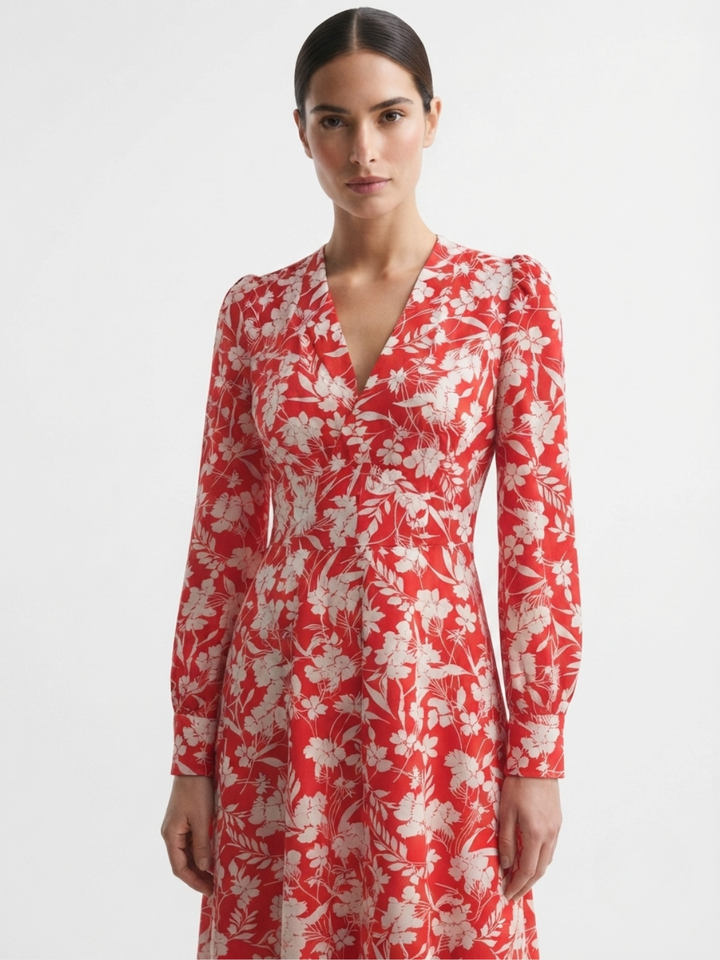 VESTIDO MANGA LARGA CON CUELLO CRUZADO Y CORTE A BARBARA ROJO FLOREADO
