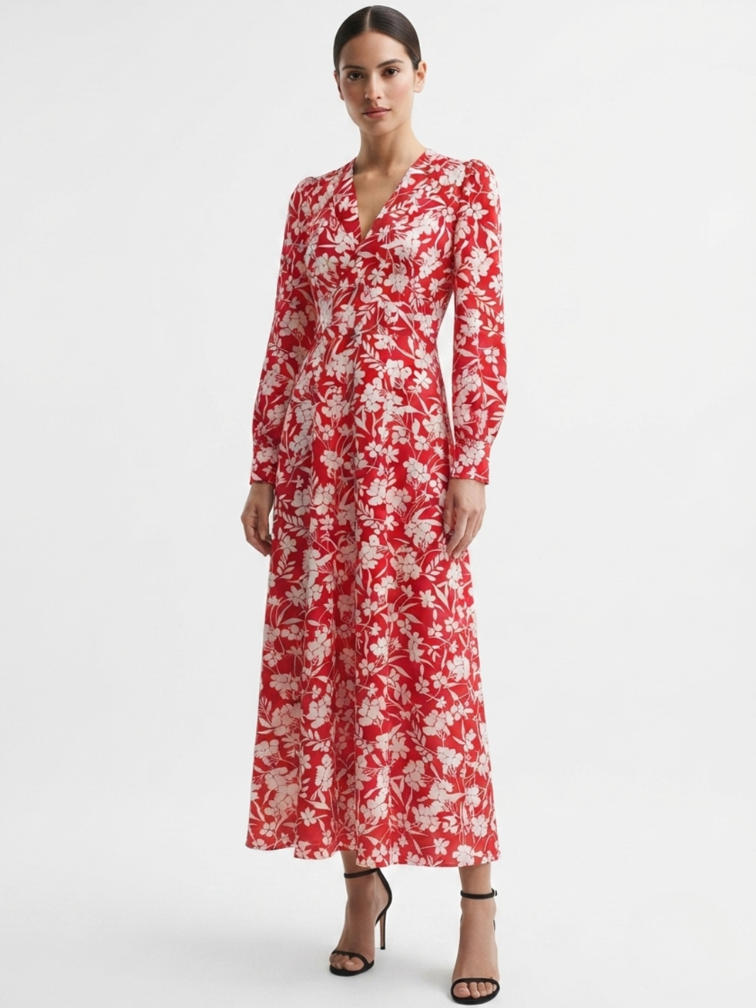 VESTIDO MANGA LARGA CON CUELLO CRUZADO Y CORTE A BARBARA ROJO FLOREADO