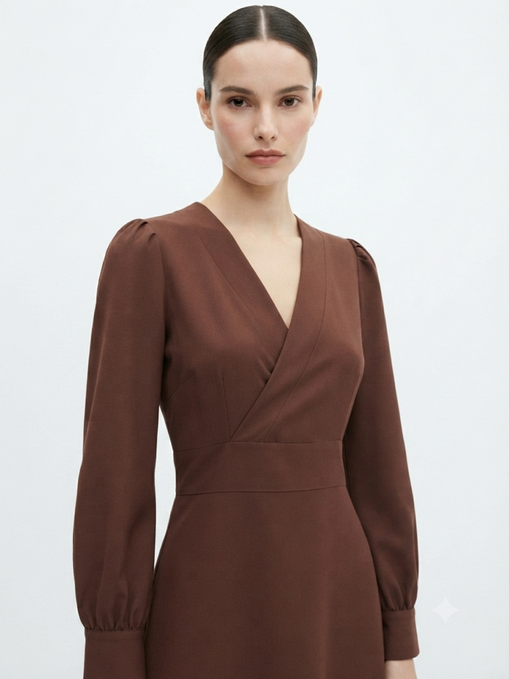 VESTIDO MANGA LARGA CON CUELLO CRUZADO Y CORTE A BARBARA CHOCOLATE