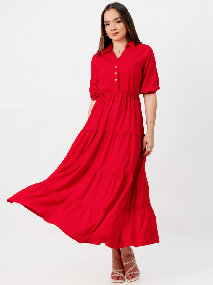 VESTIDO CAMISERO CON FALDA EN TIEMPOS ZAMIRA ROJO