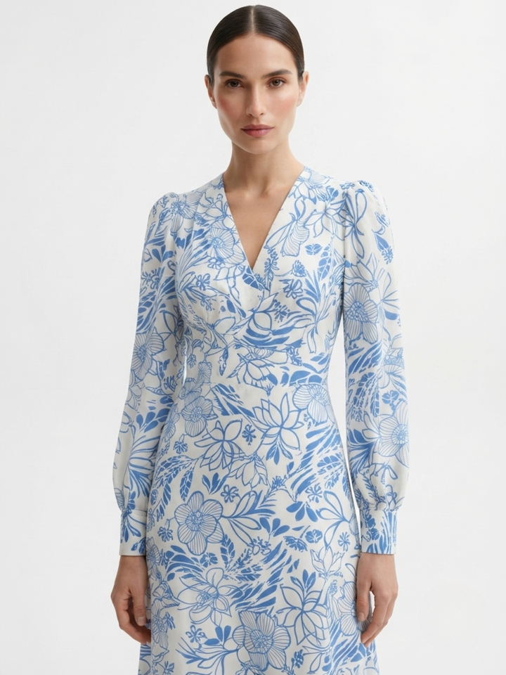 VESTIDO MANGA LARGA CON CUELLO CRUZADO Y CORTE A BARBARA PERLA FLOREADO