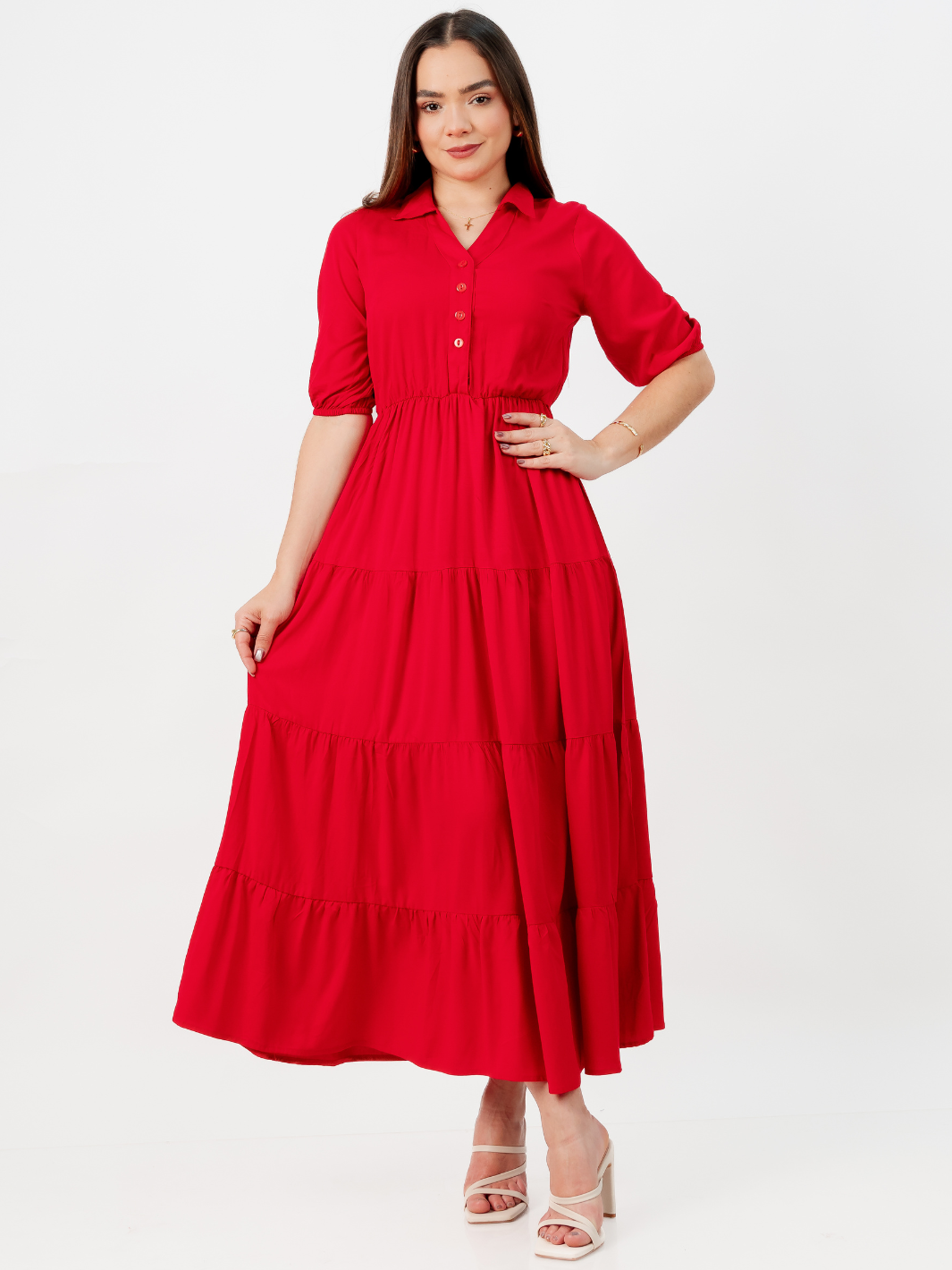 VESTIDO CAMISERO CON FALDA EN TIEMPOS ZAMIRA ROJO