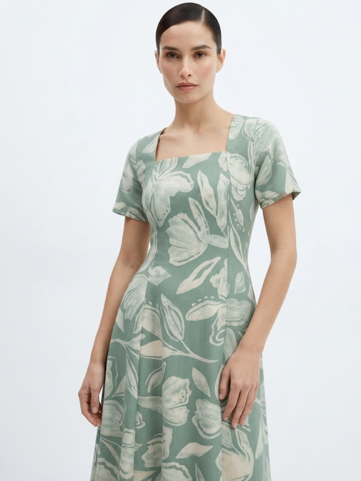 VESTIDO CASUAL CON CUELLO CUADRADO Y CORTE CAMPANA MABEL VERDE FLOREADO