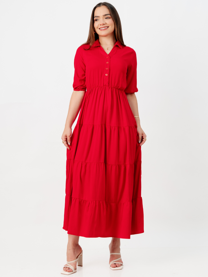 VESTIDO CAMISERO CON FALDA EN TIEMPOS ZAMIRA ROJO