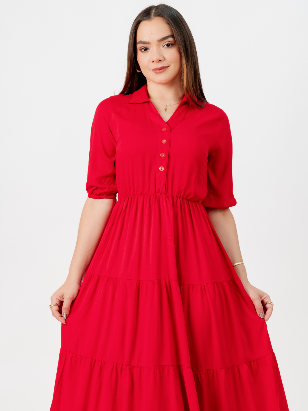 VESTIDO CAMISERO CON FALDA EN TIEMPOS ZAMIRA ROJO