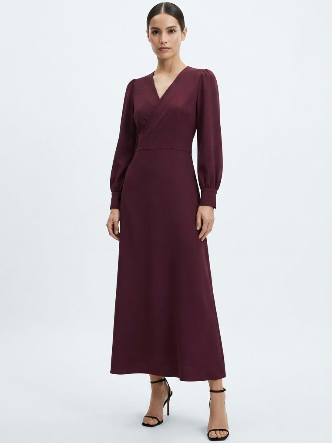 VESTIDO MANGA LARGA CON CUELLO CRUZADO Y CORTE A BARBARA VINO