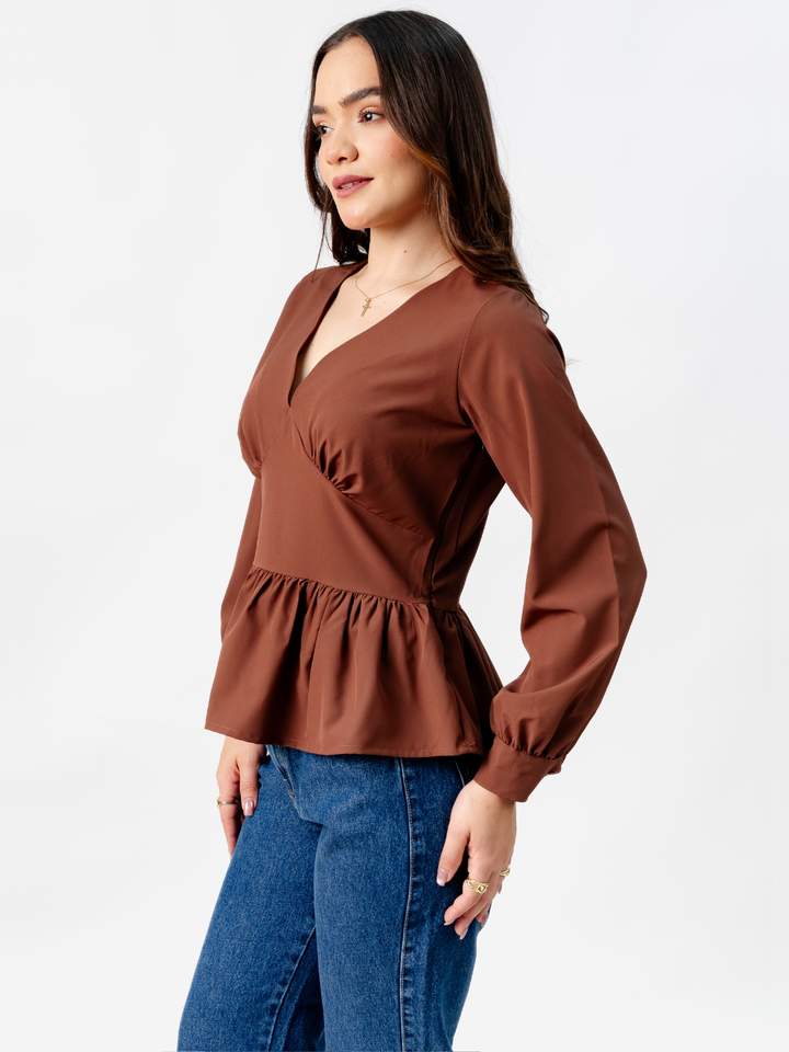 BLUSA PEPLUM MANGA LARGA BEATRIZ MARRON