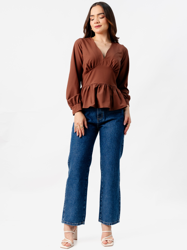 BLUSA PEPLUM MANGA LARGA BEATRIZ MARRON