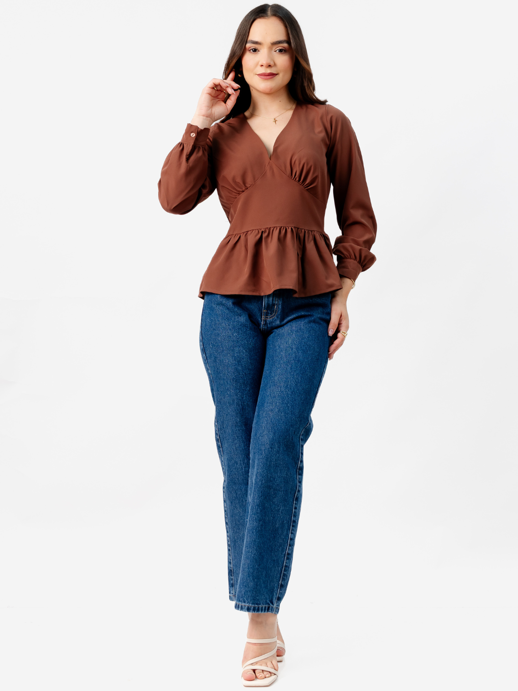 BLUSA PEPLUM MANGA LARGA BEATRIZ MARRON