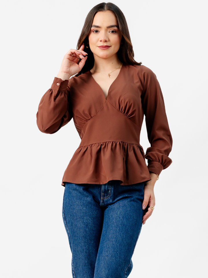 BLUSA PEPLUM MANGA LARGA BEATRIZ MARRON