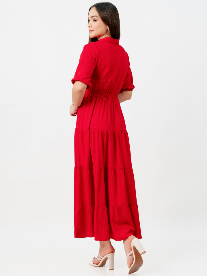 VESTIDO CAMISERO CON FALDA EN TIEMPOS ZAMIRA ROJO