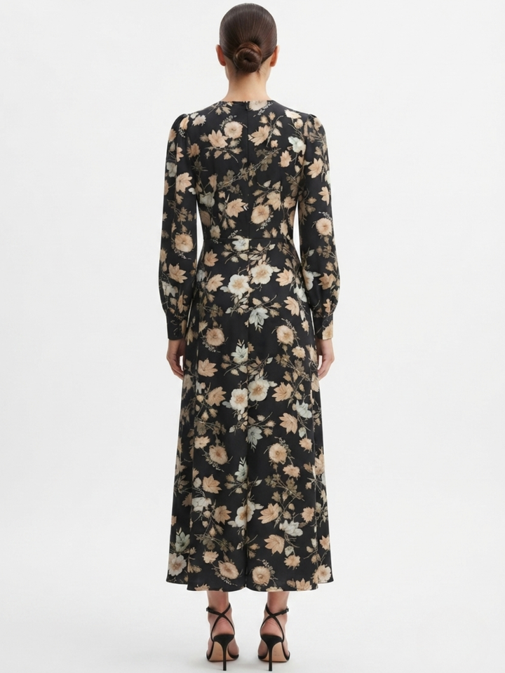 VESTIDO MANGA LARGA CON CUELLO CRUZADO Y CORTE A BARBARA NEGRO FLOREADO