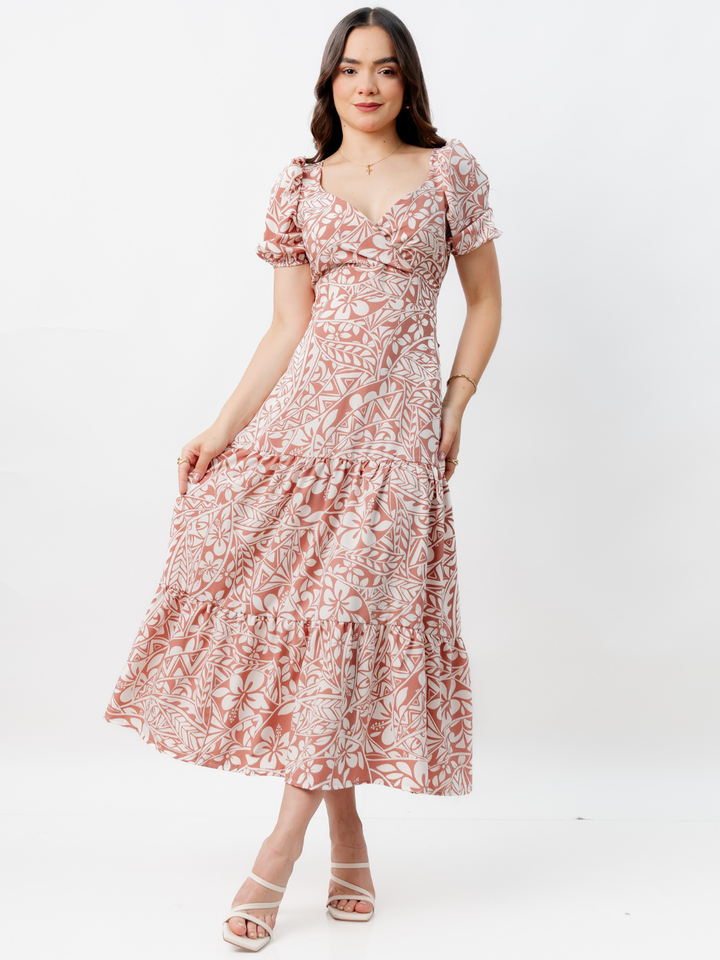 VESTIDO CASUAL LARGO CON LAZO TILZA TERRACOTA/PERLA