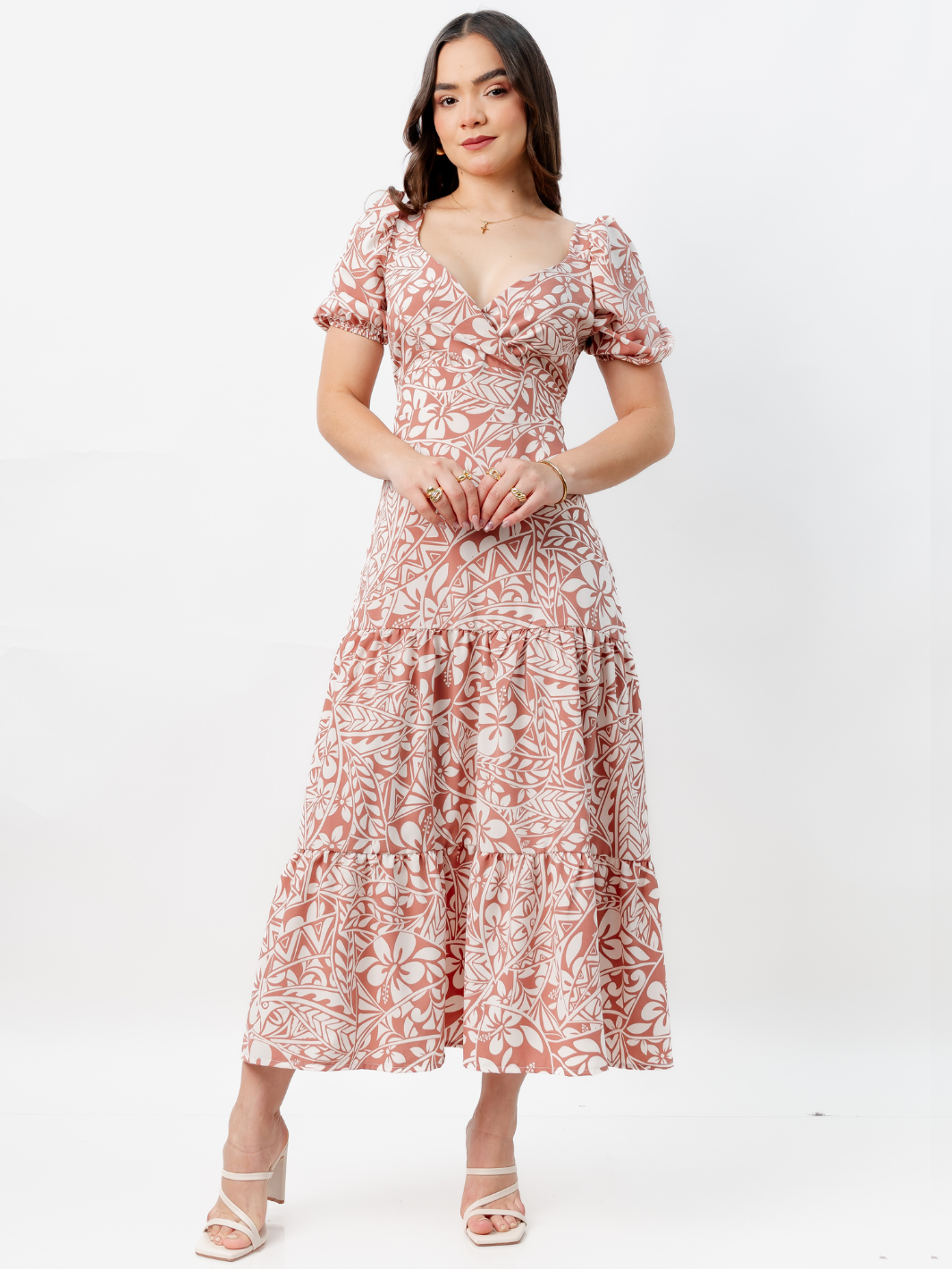 VESTIDO CASUAL LARGO CON LAZO TILZA TERRACOTA/PERLA