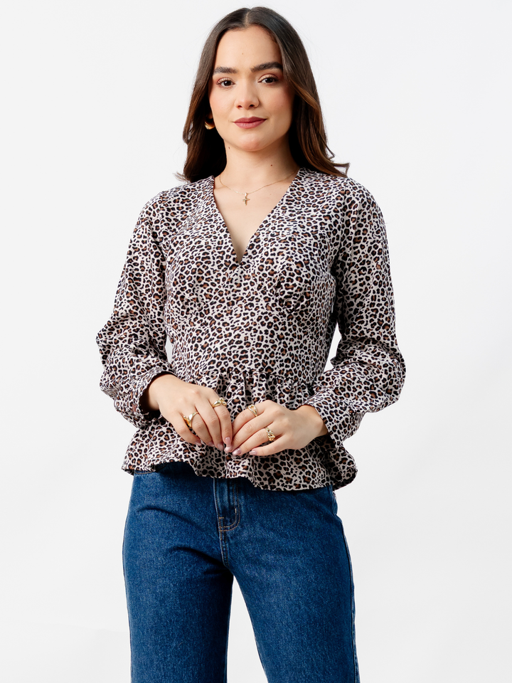 BLUSA PEPLUM MANGA LARGA BEATRIZ ANIMAL PRINT