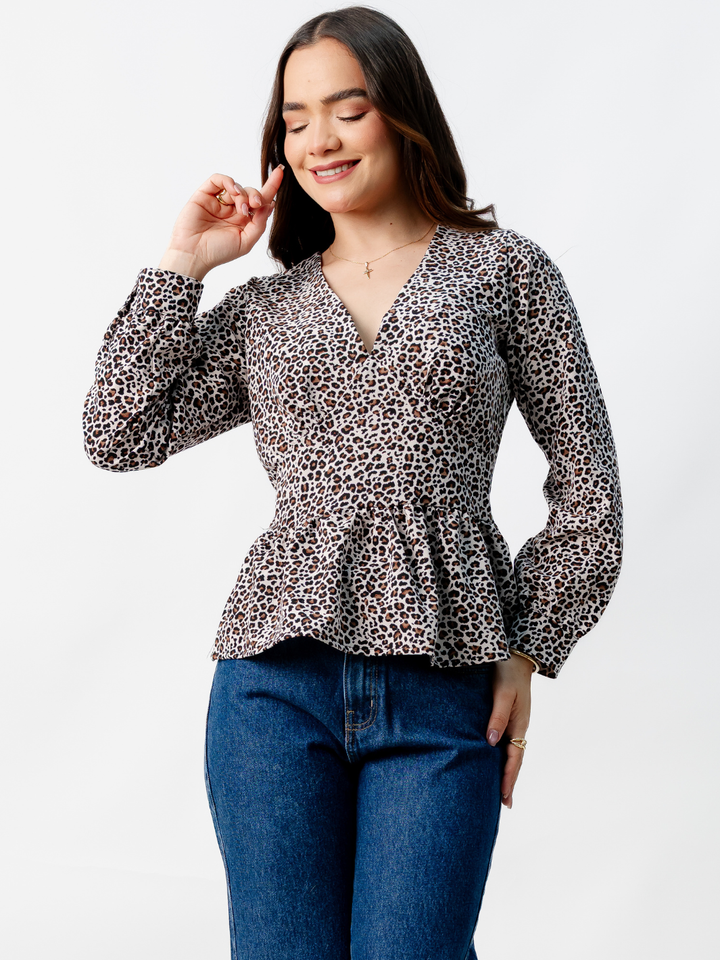 BLUSA PEPLUM MANGA LARGA BEATRIZ ANIMAL PRINT