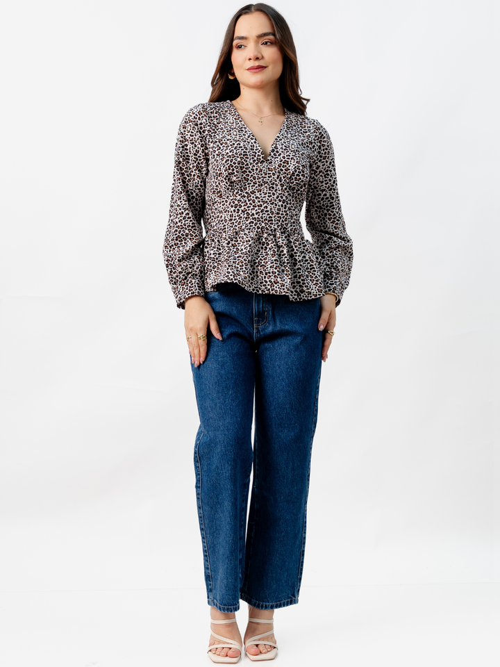 BLUSA PEPLUM MANGA LARGA BEATRIZ ANIMAL PRINT