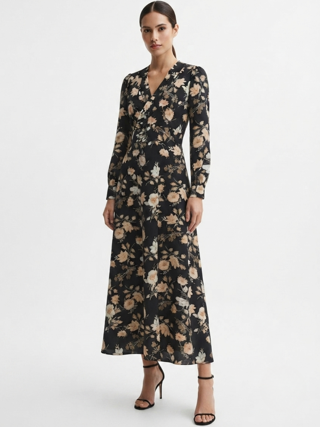 VESTIDO MANGA LARGA CON CUELLO CRUZADO Y CORTE A BARBARA NEGRO FLOREADO
