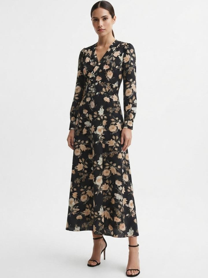 VESTIDO MANGA LARGA CON CUELLO CRUZADO Y CORTE A BARBARA NEGRO FLOREADO