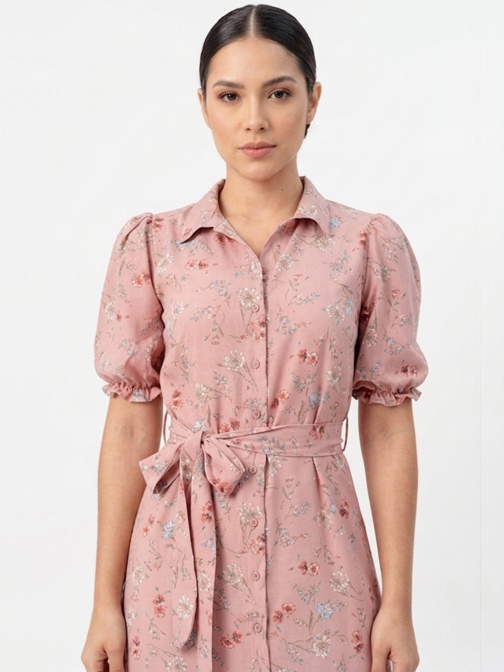 VESTIDO CAMISERO CON CINTURON ASIA ROSA FLOREADO