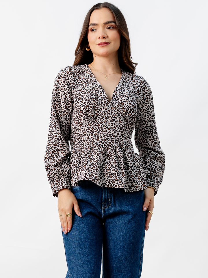 BLUSA PEPLUM MANGA LARGA BEATRIZ ANIMAL PRINT